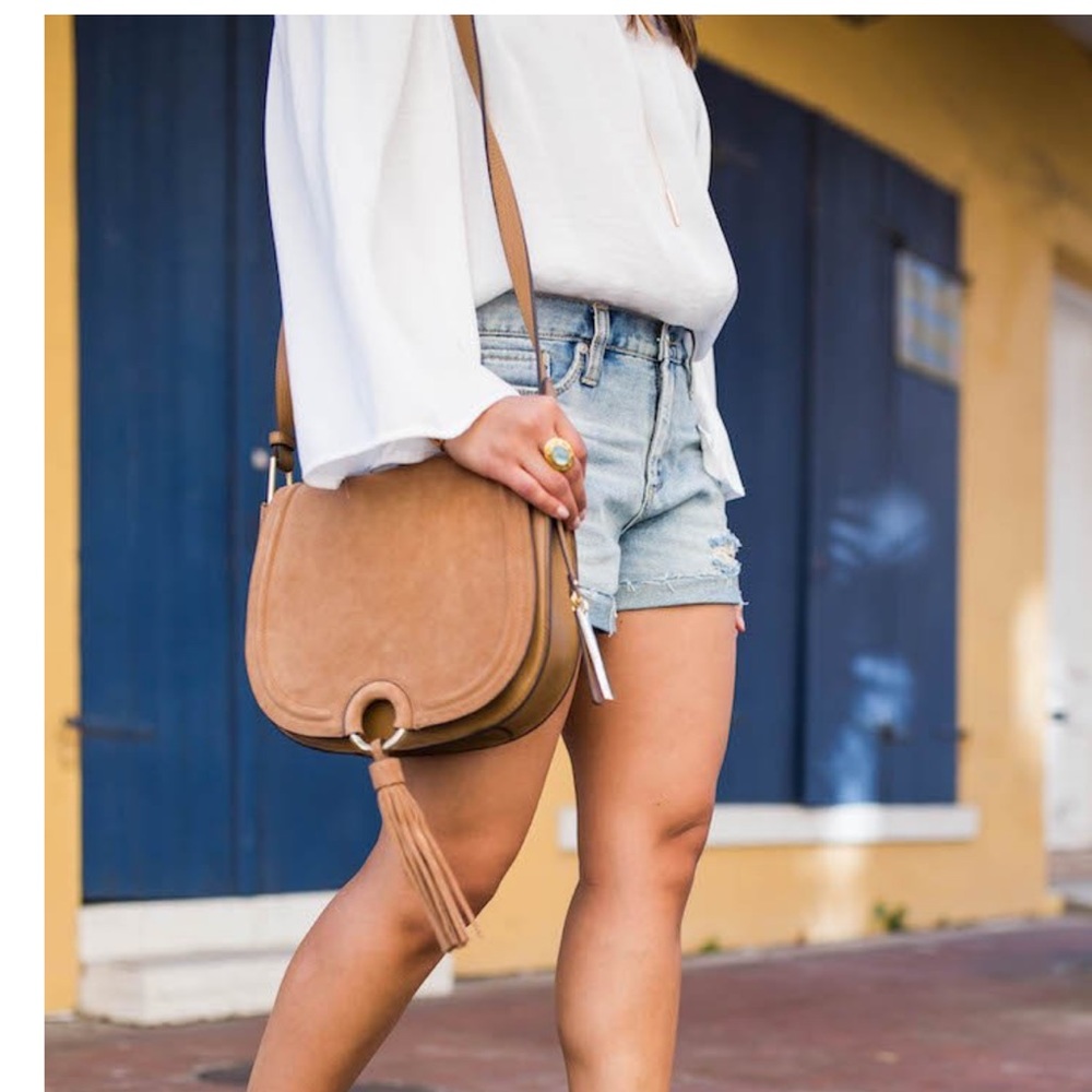Vince Camuto beige leather saddle bag